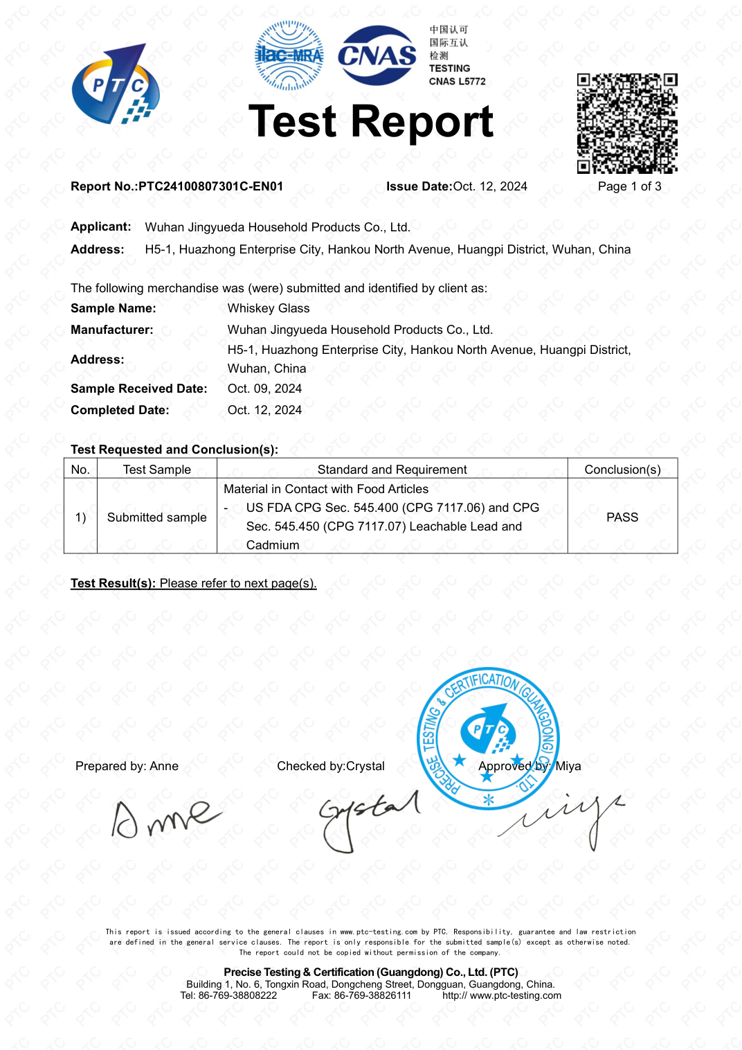 FDA CPG test report PTC24100807301C-EN01 for Whiskey Glass (PTC)