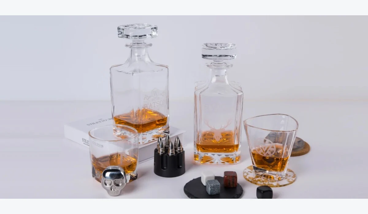 Laser engraved decanter and whiskey glass example