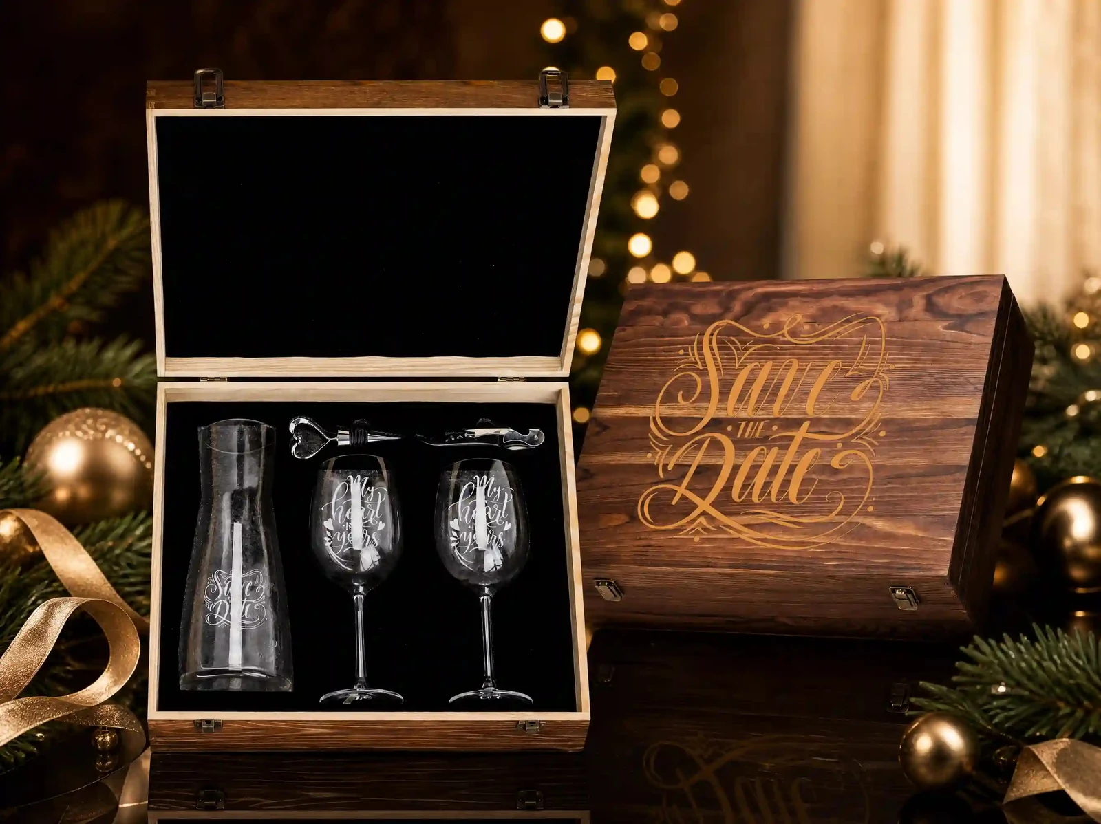 XZM006-1 Wine Decanter and Two Stemmed Glasses Gift Set gift set details