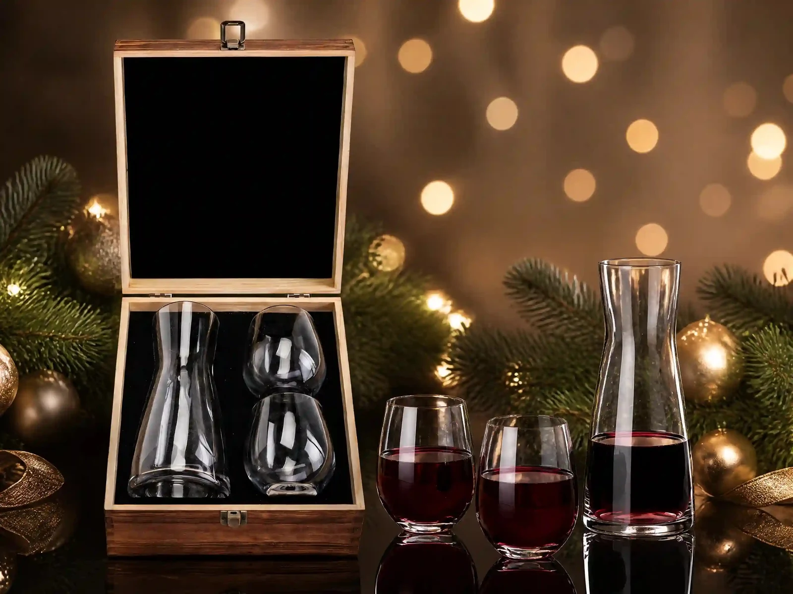 XZM043-1A Tall-Decanter Two-Glass Wooden Set gift set details