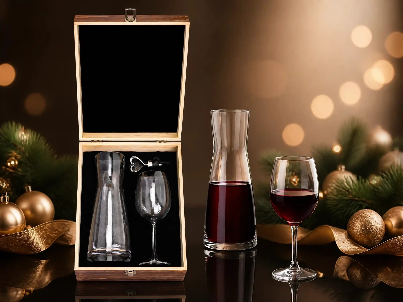 XZM043-1B Faceted-Decanter Two-Glass Wooden Set gift set details