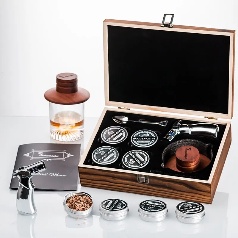 XZ-SMK06 Luxury Dark Walnut Smoker & Carved Crystal Glass Set