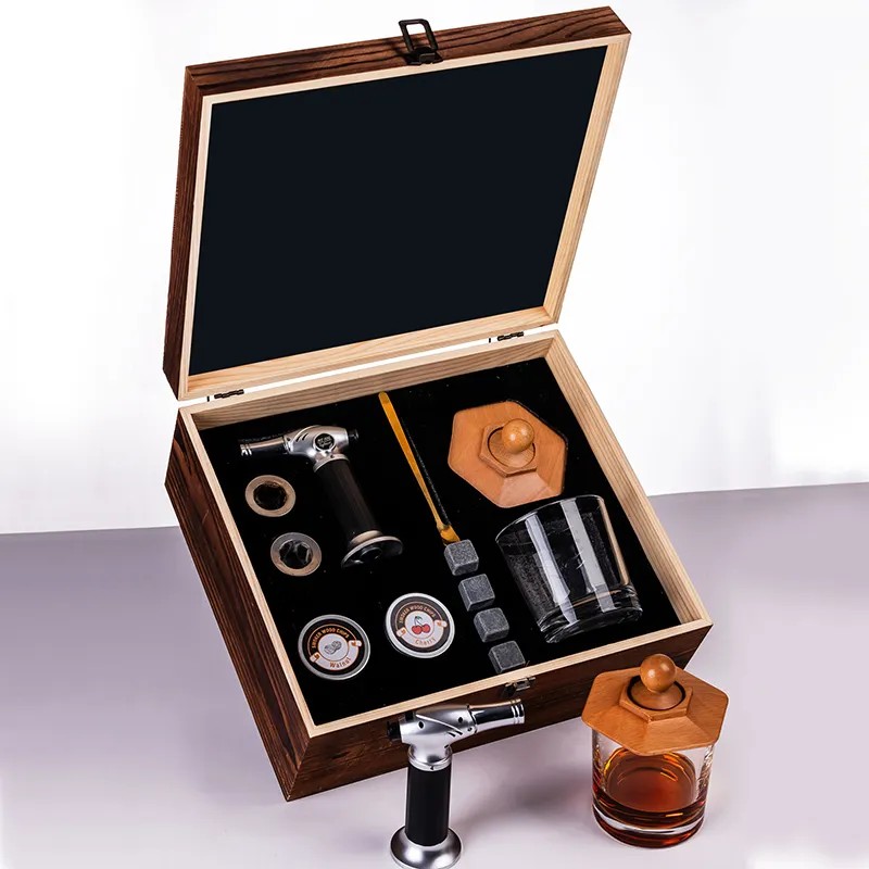 XZ-SMK07 Hexagonal Hardwood Smoker & Heavy Rocks Glass Crate Set